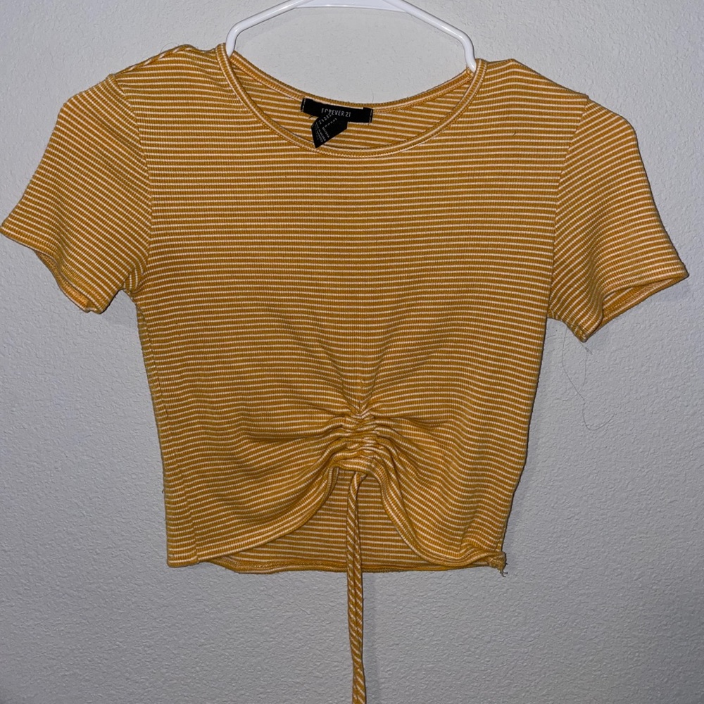 Striped crop top with adjustable ruching at center